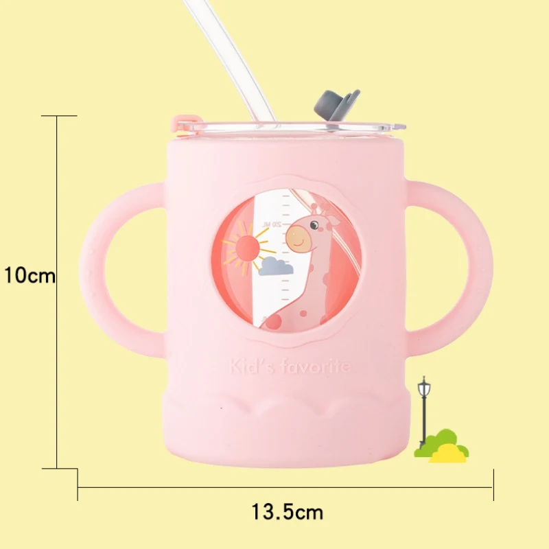 Children\'s Cute Cartoon Anti-scalding Milk Cup Drop-resistant Microwave-heatable Milk Powder Straw Glass Bottle BPA-free