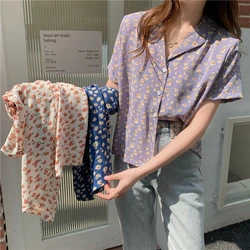 New Korean style temperament suit collar floral short-sleeved chiffon shirt