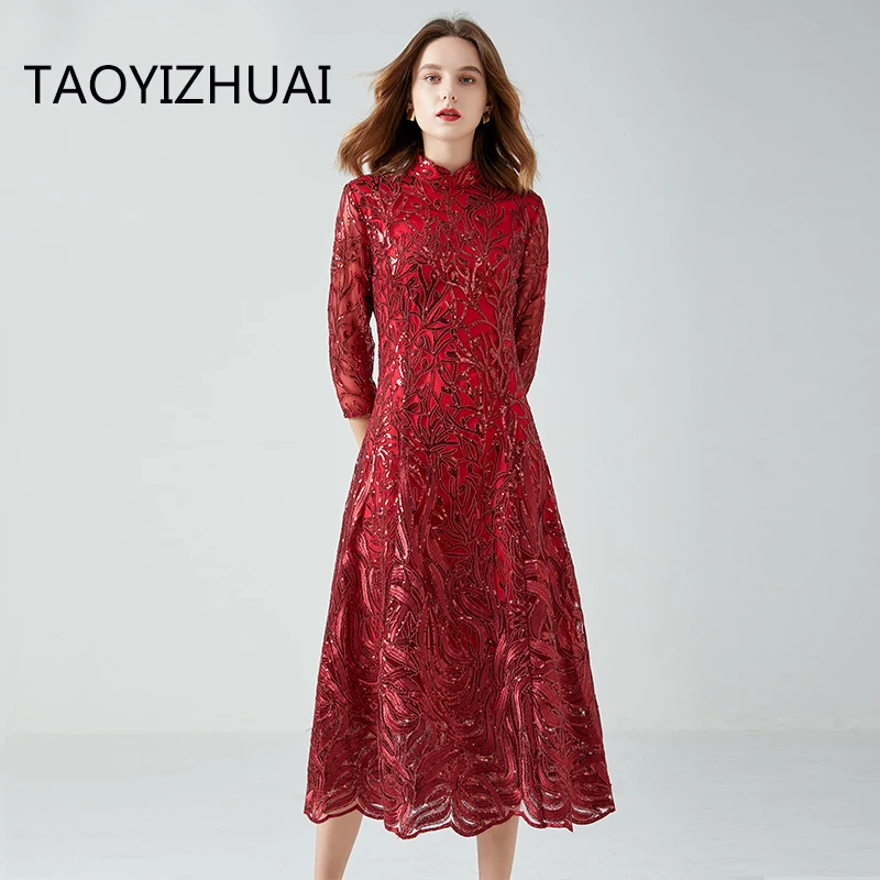 Large medium length evening dress A-line skirt women's taoyizhuai brand new embroidery simple bright piece lace dress trend