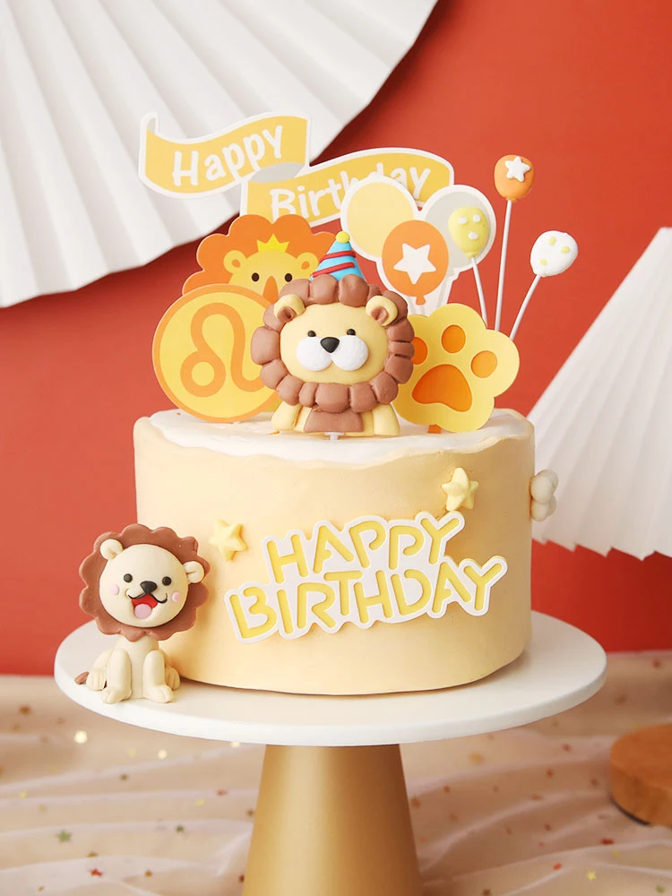 Woodland Amimals Happy Birthday Cake Toppers Yellow Cake Decor Forest Lion LEO Constellation Happy Birthday Party Decor Kids