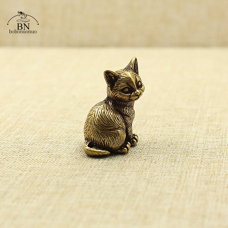 Available Brass Cute Cats Figurines Miniatures Desktop Ornaments Classical Small Animal Tea Pet Home Decors Accessories
