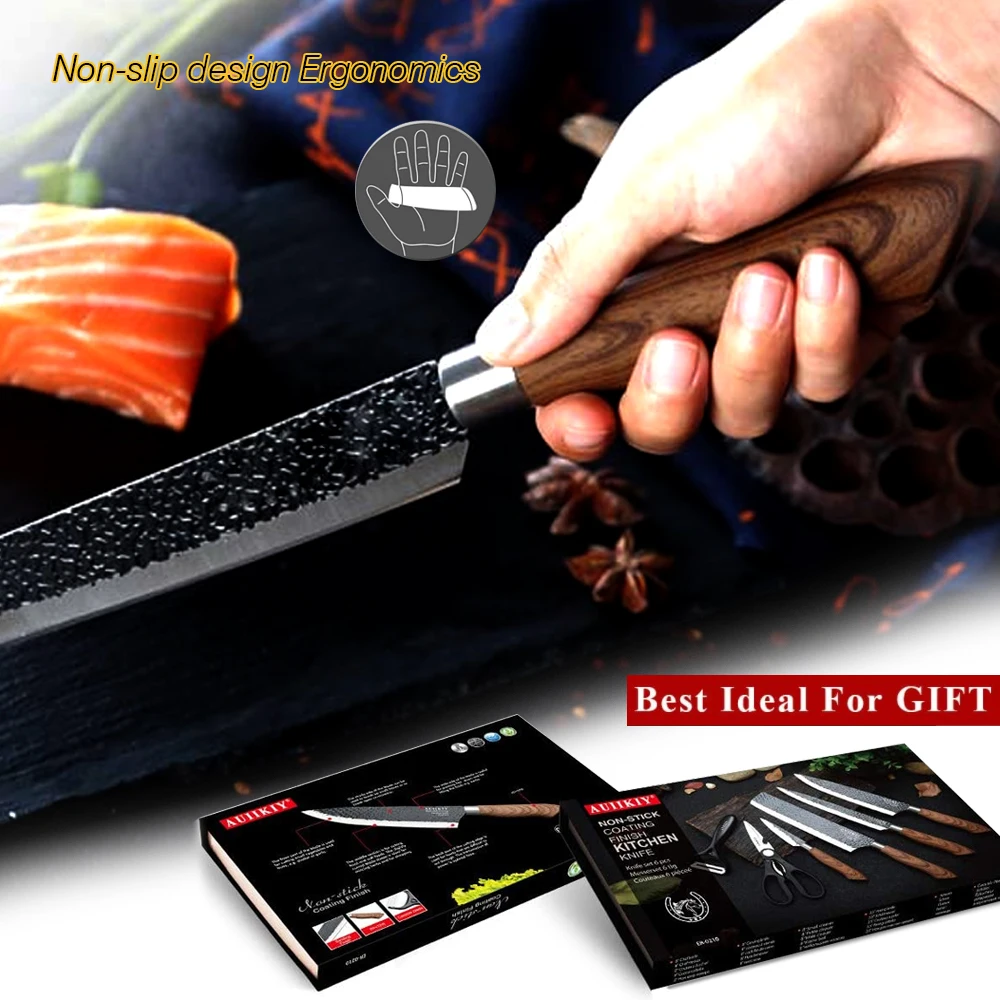 6PCS Kitchen Knives Set Chef Knife Forged Cleaver with Scissors+Ceramic Peeler Slicer Nakiri Paring Knife Gift Case