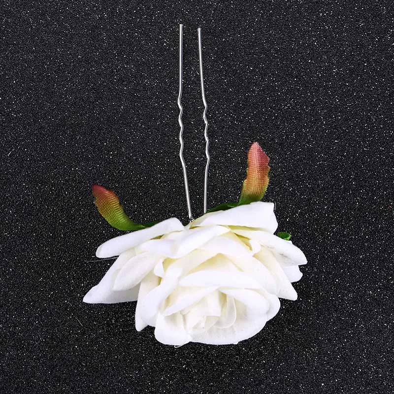 U Shape Hairpin Red White Artificial Rose Flower Hair Pins Sticks Clips Bride Noiva Wedding Hair Accessories Party Headpieces