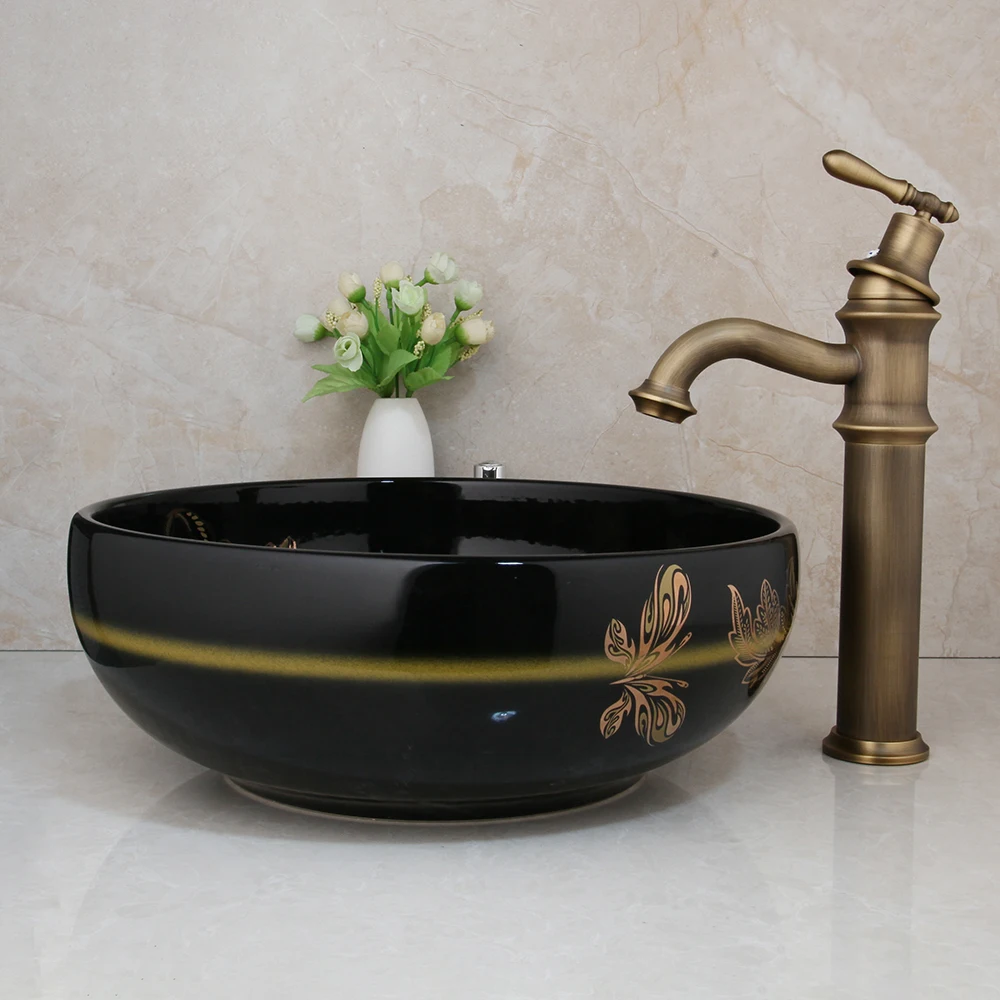 JIENI Black Round Paint Bowl Sinks Vessel Basin Bathroom Washbasin Ceramic Basin Sink Roman Antique Brass Basin Mixer Faucet