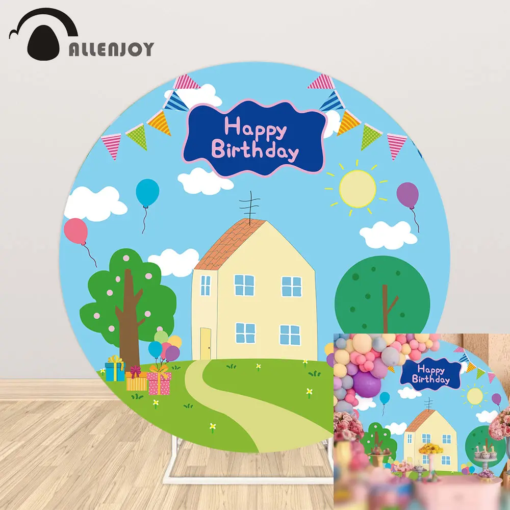 

Allenjoy spring blue 1st kids birthday round background Baby shower banner pig house party photo backdrop photography photophone