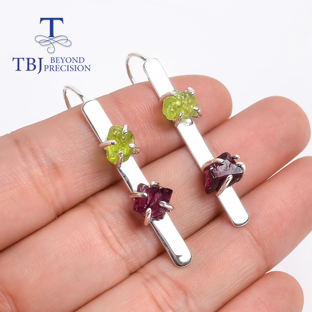 Handmade Natural peridot rhodolite garnet Rough gemstone Earring 925 Sterling Silver Fashion lady jewelry anniversary party gift