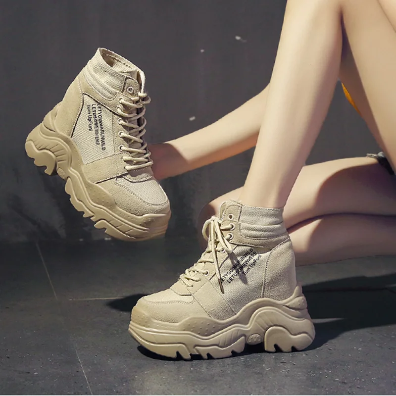 2022 New Autumn Boots Women High Platform Sneakers 12CM Height Increasing Ankle Boots Thick Sole Breathable Canvas Shoes Woman