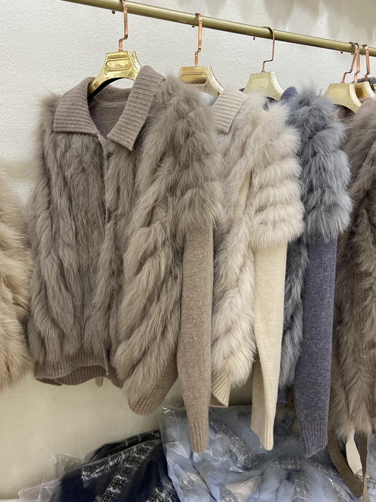 ผู้หญิงขนสุนัขจิ้งจอกจริงถัก Oversize หลวมฤดูใบไม้ผลิ Fox Fur Strip เย็บเข้าด้วยกันตกแต่งภายนอก Turn-Down Collar เสื้อกันหนาวเสื้อ