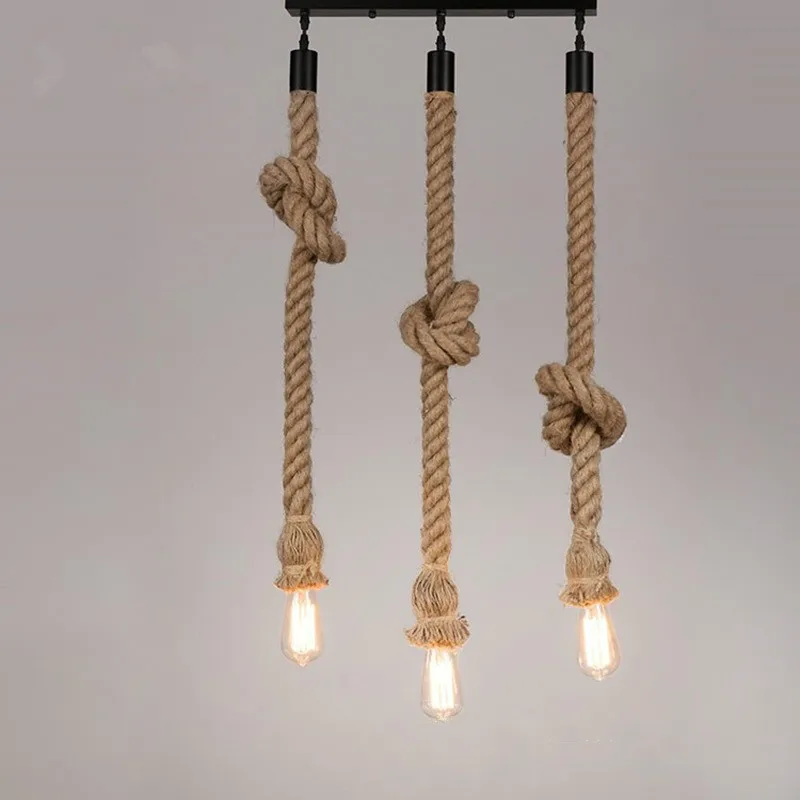 Imagem -02 - Estilo E27 Luminária Pendente com Três Cabeças Corda de Cânhamo Suporte de Lâmpada Luz Suspensa para Decoração de Casa Estilo Retrô