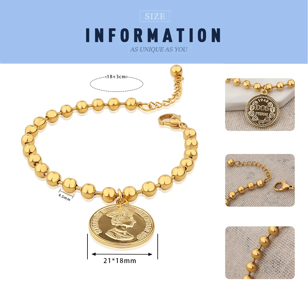 FINE4U B194 Gold Color Queen Elizabeth II Coin Charm Bracelet Adjustable Stainless Steel Beads Bracelet For Men Women