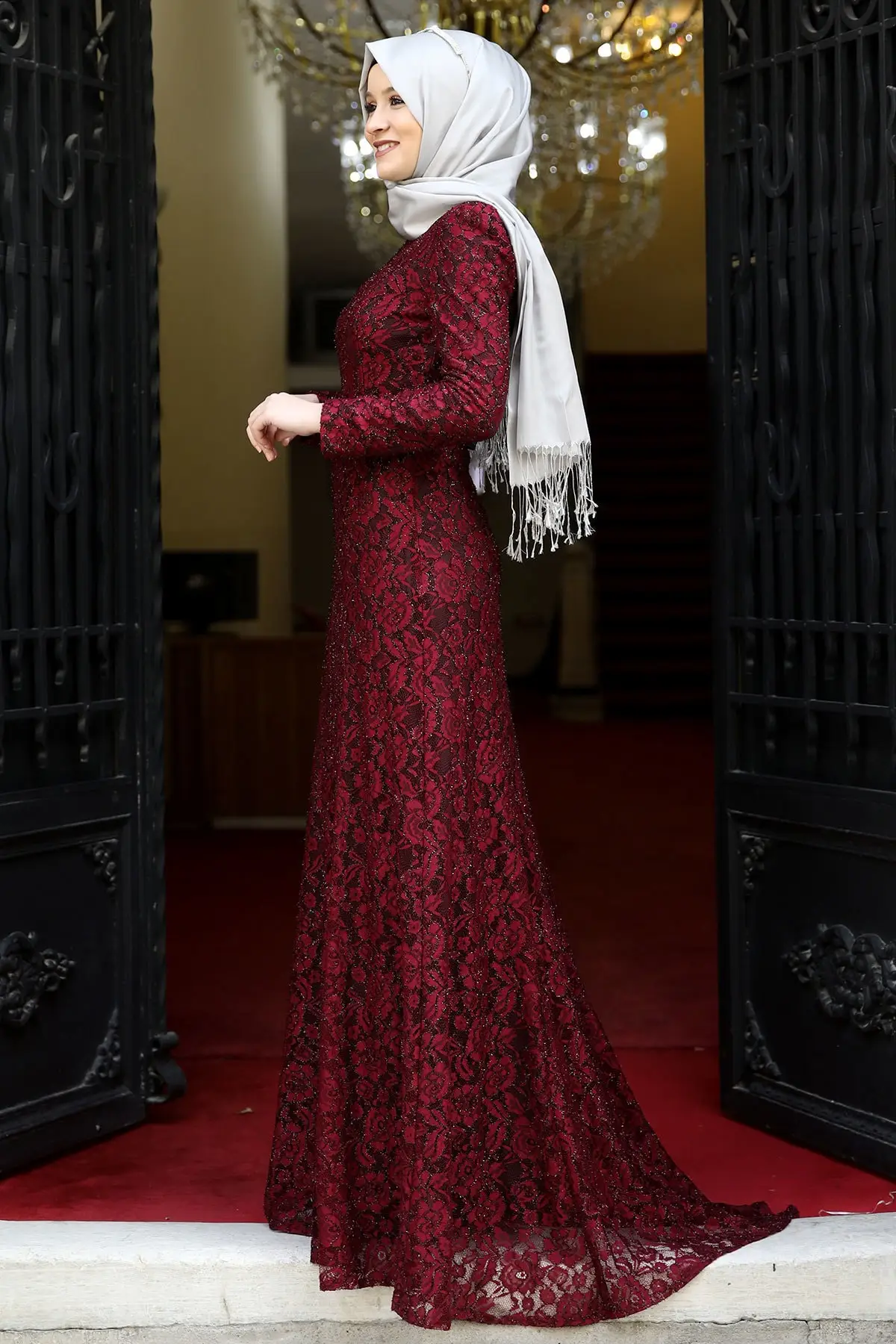 Imagine Hijab Evening Dress Burgundy Product Specifications Size/Dimension: Midi Pattern: Floral Mould: large Size Sleeve Type: Long Fabric Type: