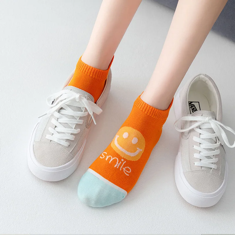 New combed cotton socks in spring and summer  ins  Fashion personality letter smiling face boat socks invisible  women's sockets