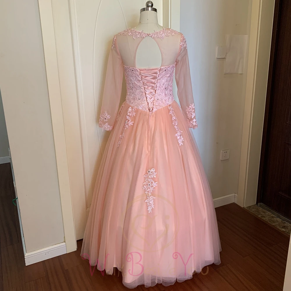 Vestido de baile de quinceañera, manga larga hasta el suelo, apliques de encaje con cuentas de cristal, dulce vestido de fiesta, rosa, 2022