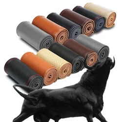 Genuine Leather Braid Car Steering Wheel Cover With Needles Thread Automobile Cowhide Braiding for 38 CM 15 Inch Steering Wheel