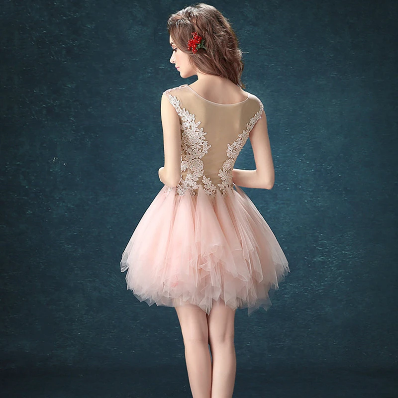 AnXin SH pink lace illusion Robe De Soiree Short o-neck white grey lace party customized evening Dresses little black dress