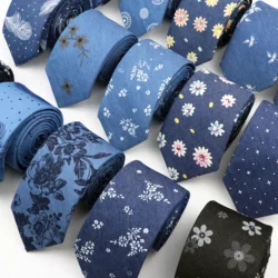 Yeni pamuklu Denim bağları erkekler için 7CM çiçek tüy nokta mavi boyun kravat düğün parti için rahat baskı ince kravat günlük giyim hediye