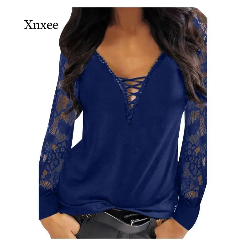 Casual V-Neck Lace Up Long Sleeve T-Shirt Women Spring Summer Clothes Y2K Sexy Solid Fashion Elegant Tee Shirt Office Lady Top