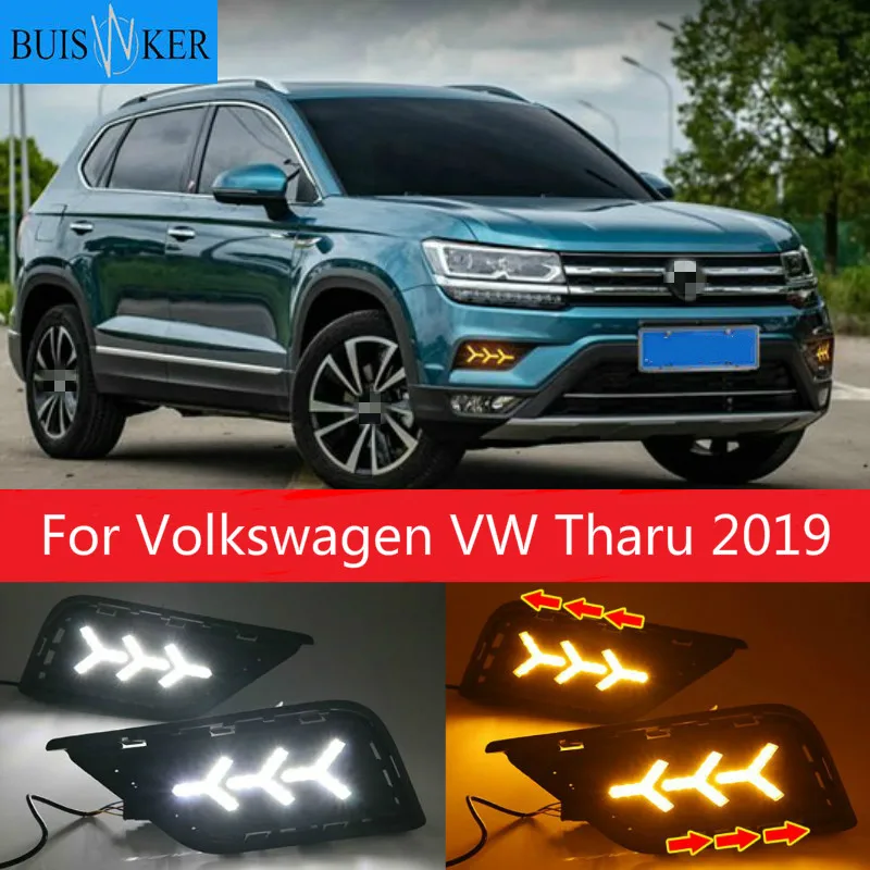 

1Pair LED DRL Daytime Running Light Daylights For Volkswagen VW Tharu 2019 With Yellow Turn Signal Fog Lamp Cover night blue