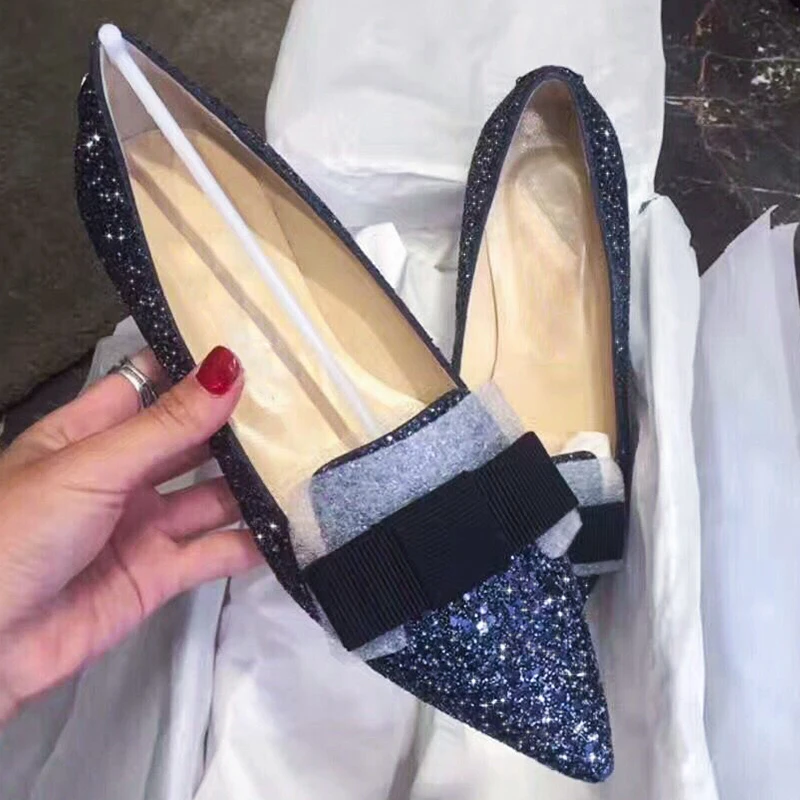 Gradient Glitter Sequins With Bowtie Loafers Bling Bling Pointed Toe Flats Shoes Female Paillette Spring Street All Match Shoes