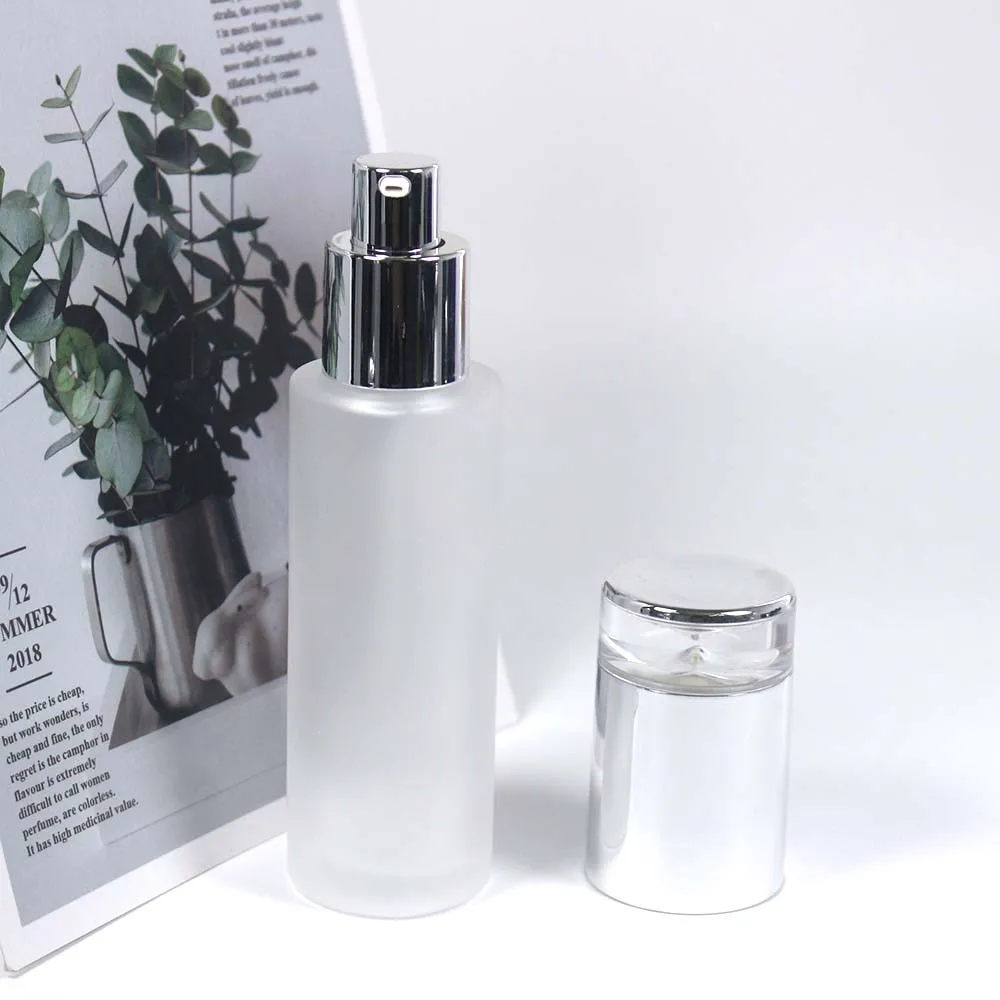 60ml Cylindrical Transparent Frosted Glass Emulsion Bottle with Silver Cap