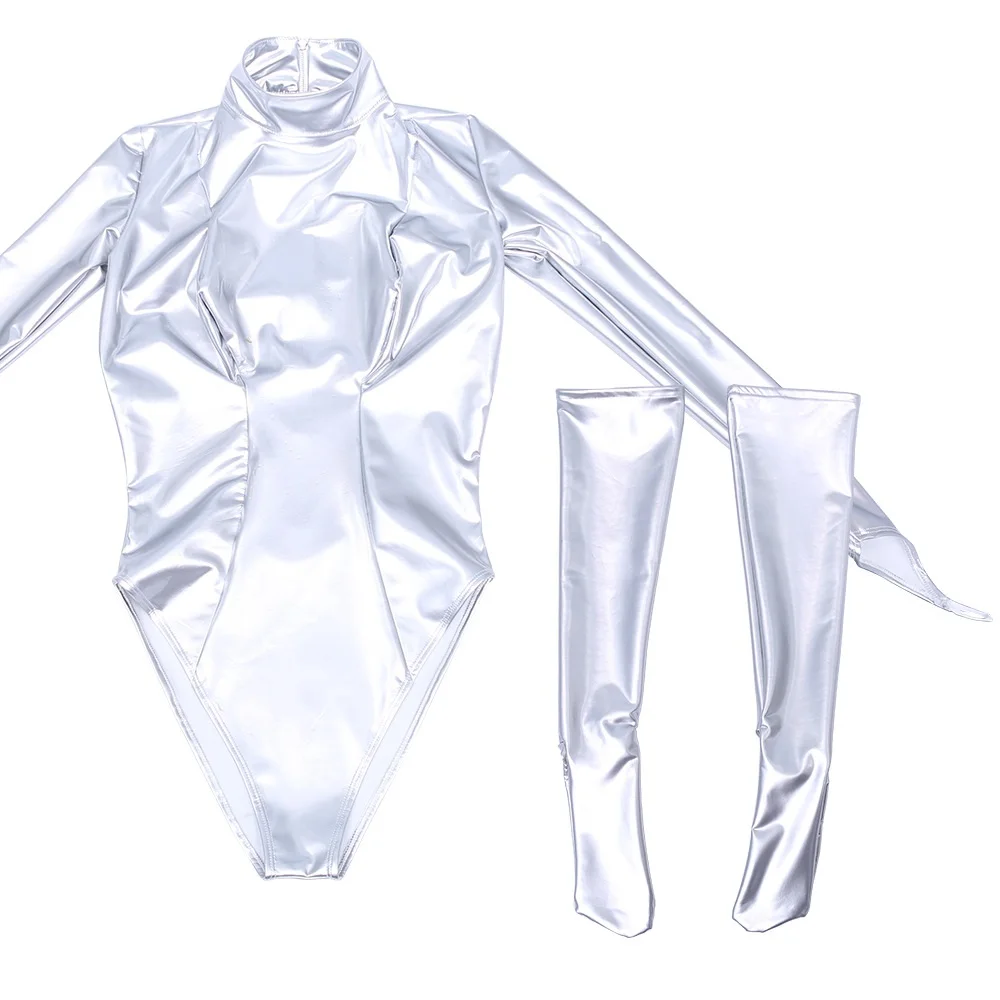 

Women Lady Sexy Silver Long Sleeved Leotard Body Shaping Corset Performance Faux Leather Stylish