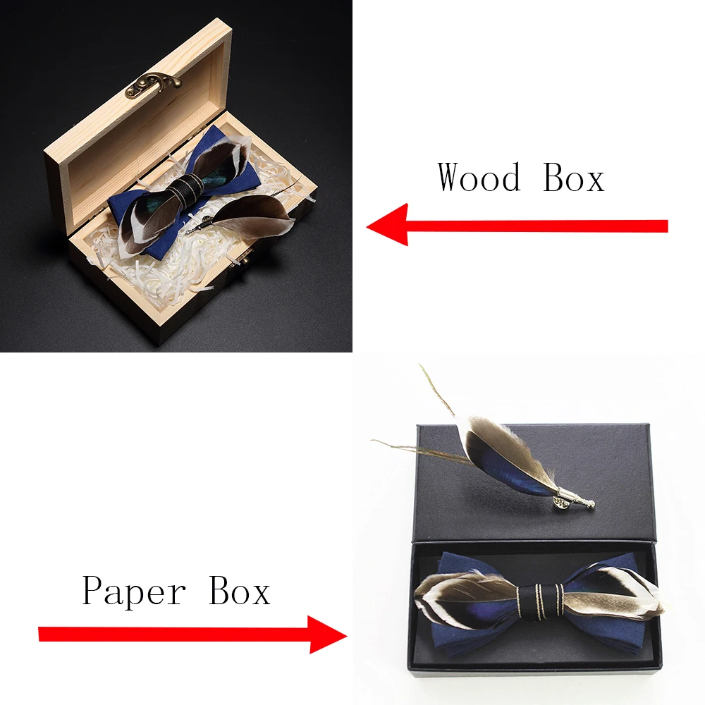 GUSLESON Original New Design Natural Feather Bow tie Exquisite Hand Made Mens BowTie Brooch Pin Wooden Gift Box Set for Wedding