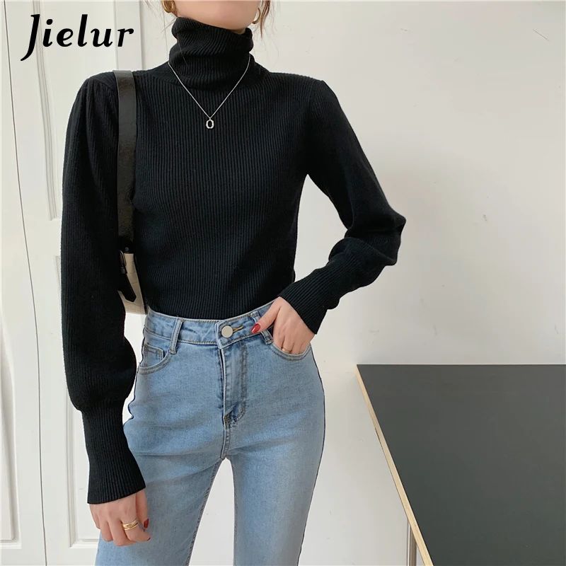 Jielur Blue Turtleneck knitted Sweaters Female New Autumn Winter All-match Slim Bottoming Tops Black Puff Sleeve Women Pullovers