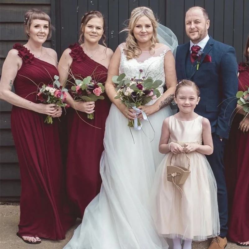 Borgonha vestido formal de casamento, vestido de dama de honra sem mangas com um ombro, pregas, flores, longo até o chão, vestidos de festa de noite, novo 2020