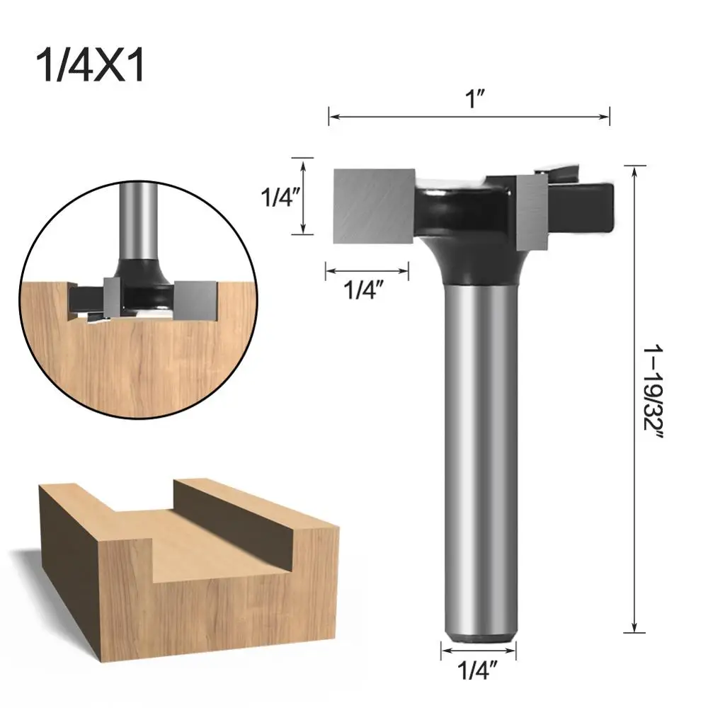 VACK 1/4" 6mm Shank T-Slot Milling Cutter 3Flutes Router Bit Set T Slotting Hole Bits Groove Wood Woodworking Milling Tools