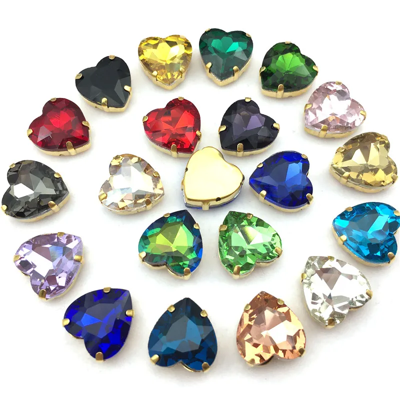 Heart shape gold claw settings 10mm 12mm 14mm 16mm 18mm 27mm glass Crystal Sew on rhinestone Crystals applique clothes diy