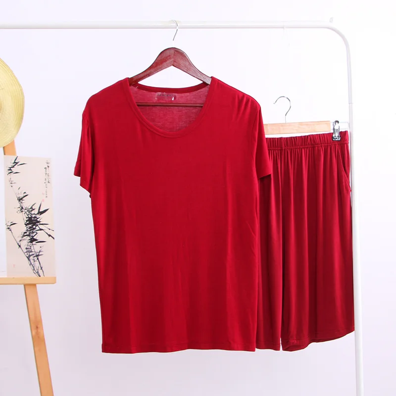 Summer Modal Pajama Sets Thin Short Sleeve T-shirt Shorts Sleepwear Mens Casual Set 2 Piece V-Neck Solid Color Home Clothing
