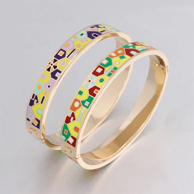 Color Culture New Fashion Stainless Steel Open Bangle For Women Gold Geometric Colorful Enamel Painted Bangles  Wedding Jewelry