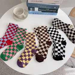 Japanese Breathable Hip Pop Plaid Streetwear Girls College Style Socks Korea Checkerboard  Socks Mid-tube Sock Female Hosiery