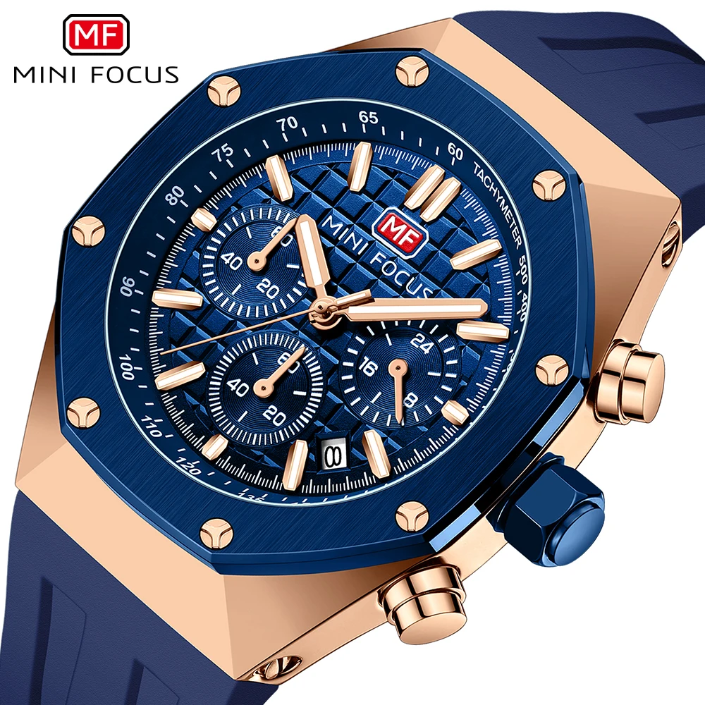 MINI FOCUS Watches Men Blue Silicone Strap Sport Watch Waterproof Luminous Chronograph Quartz Wristwatch часы мужские reloj 0417