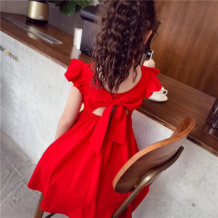 Chiffon Girls Dress with Bowknot Summer Princess Party Dresses Wedding Red Dress Kids girl Clothing Childrens red vest dress