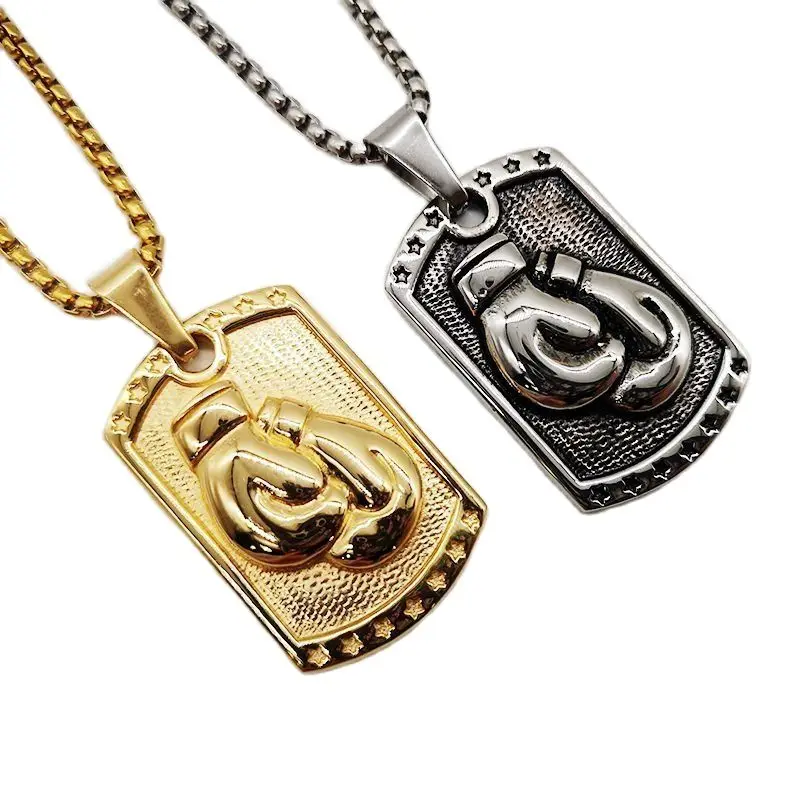 New Arrival Punk Style 316L Stainless Steel Hip Hop Pendant Necklace Boxing Glove Square Tablet Necklace Mens Jewelry