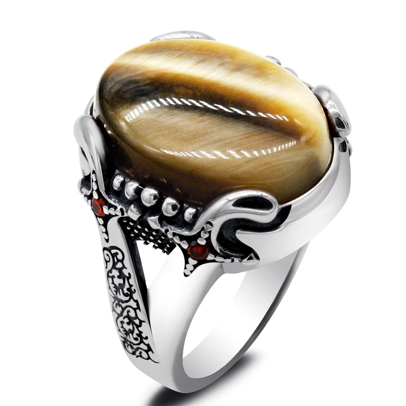 Natural Tiger Eyes Stone Solid 925 Sterling Silver Men Rings Handmade Turkey Rings for Women Vintage Cool Luxury Cincin Hollow