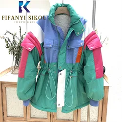 Fashion Patchwork Jacket Women Loose Windbreaker Thick Warm Lambswool Jackets Female Winter Coat Zipper Pocket Casual Outerwear