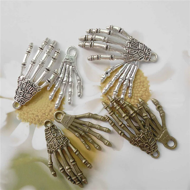 Julie Wang 8PCS Hand Bone Charms Halloween Alloy Punk Skull Skeleton Antique Color Pendant Bracelet Jewelry Making Accessory