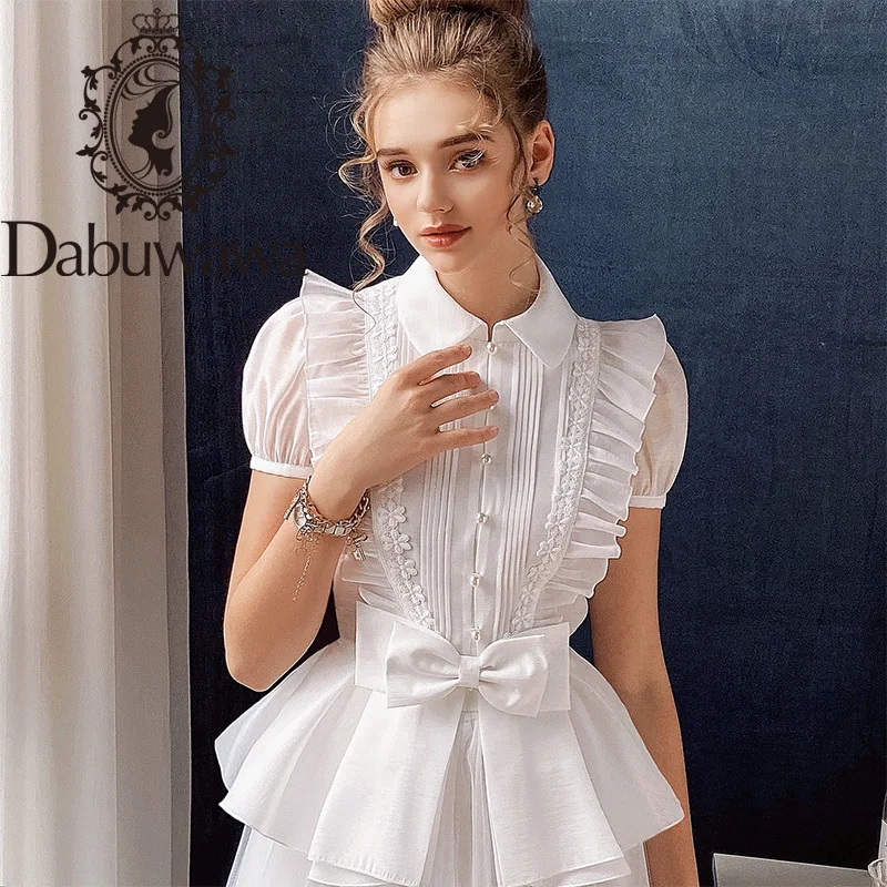 Dabuwawa Elegant Lace Blouse Shirt Women Ruffles Puff Sleeve Bow Blouse Female Summer Tops Office Lady Pearl Button DO1BST002