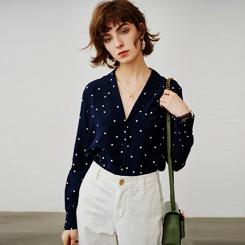 100% Hohe Qualität Seide Bluse Frauen Hemd Elegante Einfache Design Langen Ärmeln Polka dot V-ausschnitt Anmutigen Stil Neue Mode