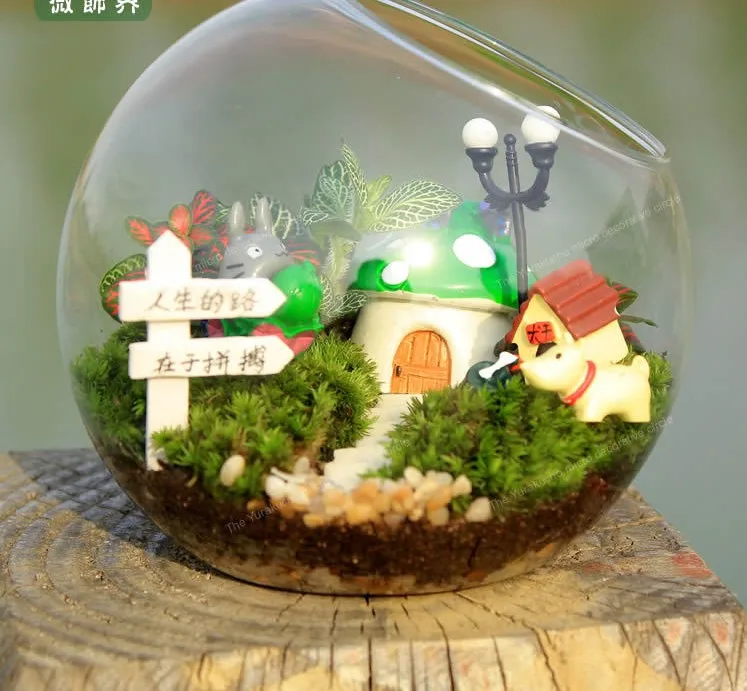 Micro landscape oblique glass vase, moss and succulent DIY ecological bottle, home office desk green plant decoration ornaments