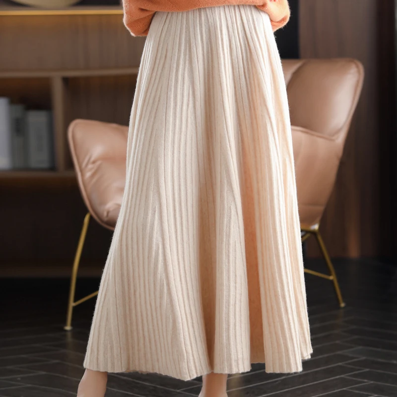 2024New Pure Cashmere A-Line Skirt Women Autumn Knit Pleated Long Skirt 100%Wool Large Size High Waist Korean Bag Hip Base Skirt