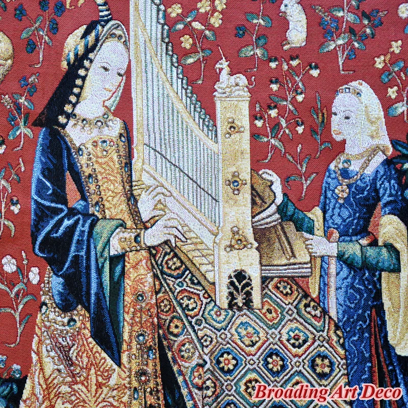 HEARING - The Lady & the Unicorn Medieval Tapestry Wall Hanging Jacquard Weave Gobelin Home Art Decoration Cotton 100% 139*109cm