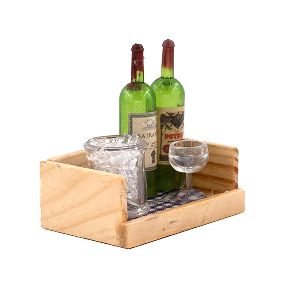 1/12 Dollhouse Miniature Accessories Mini Ice bucket Wine Bottle Goblet Set Simulation Drink Model Doll House Decoration ob11