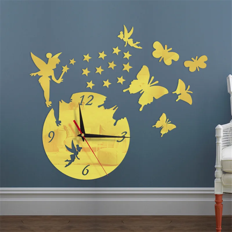 Pegatinas de espejo acrílico para decoración del hogar, reloj de pared de diseño moderno, mariposa de hadas 3D, relojes Duvar Saati, regalo para