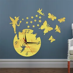 Pegatinas de espejo acrílico para decoración del hogar, reloj de pared de diseño moderno, mariposa de hadas 3D, relojes Duvar Saati, regalo para niña, sala de estar