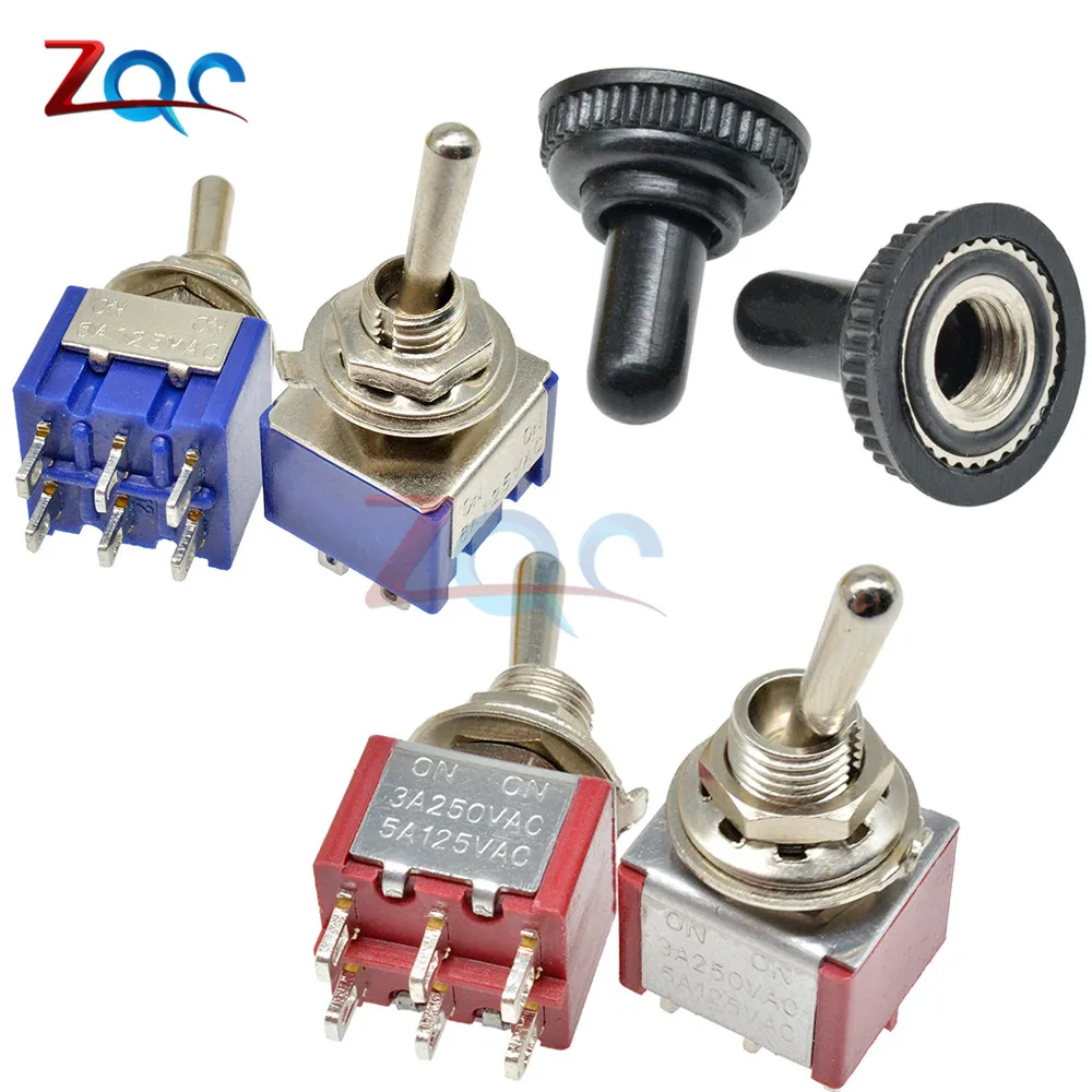 5pcs Mini auto MTS-202 Toggle Switch 6 Pins 2 Position Latching SPDT DPDT MTS202 ON-ON 125VAC 6A/5A 250VAC 3A 1/4 Inch Mounting