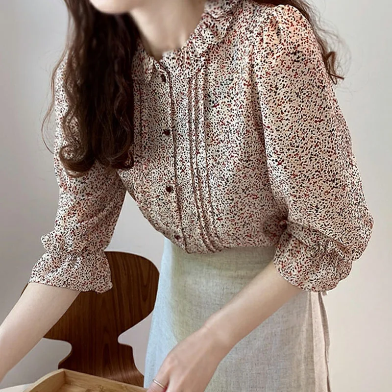 Camisa feminina 2022 roupas femme coreano moda alargamento manga topos para mulher dropshipping botão acima blusas flor chiffon 2048