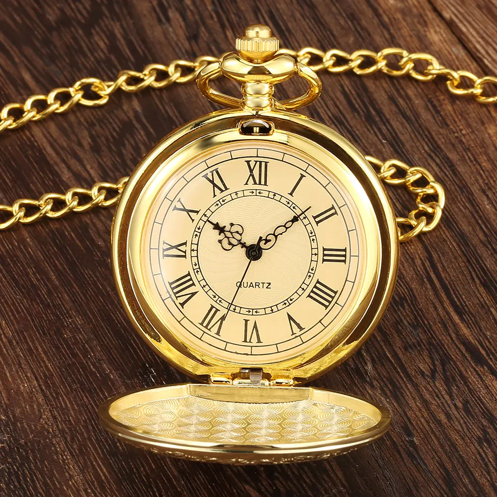 Roman Numerals Display Dial Exquisite Black/Silver/Bronze/Gold Quartz Pocket Watches Men Retro Pendant Clock with Pocket Chain